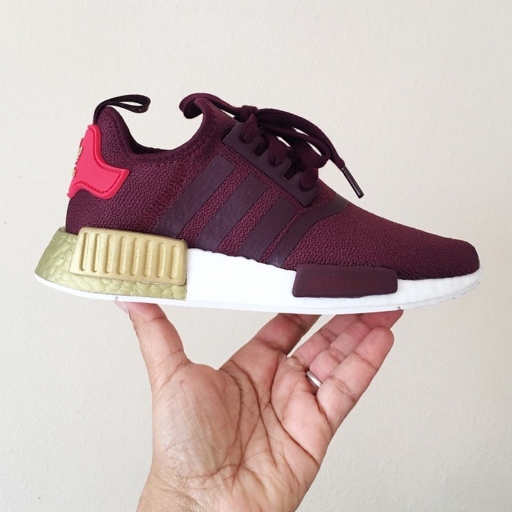 Adidas NMD R1 Sneakers Burgundy Maroon Gold Glory Red
